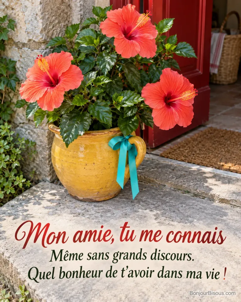 Un hibiscus corail en fleurs est préparé avec un ruban turquoise pour une amie de longue date. Le message est : « Mon amie, tu me connais Même sans grands discours. Quel bonheur de t’avoir dans ma vie ! ».
