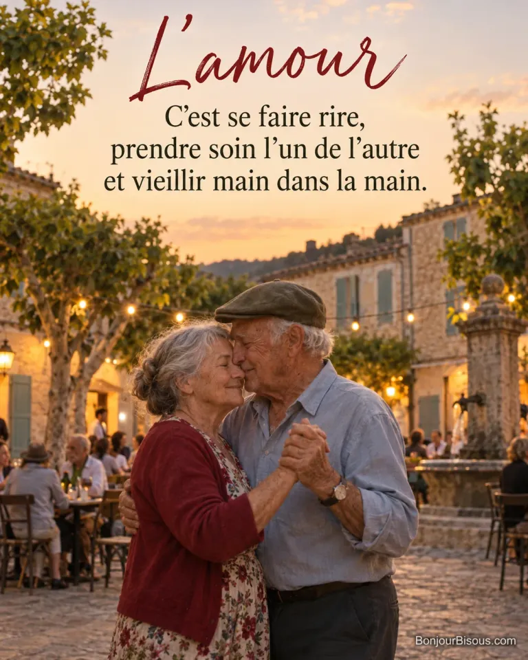 Photo d’un couple âgé qui danse lentement, yeux fermés, sur une place de village sous des platanes et une guirlande lumineuse, avec le texte « L’amour – C’est se faire rire, prendre soin l’un de l’autre et vieillir main dans la main. »