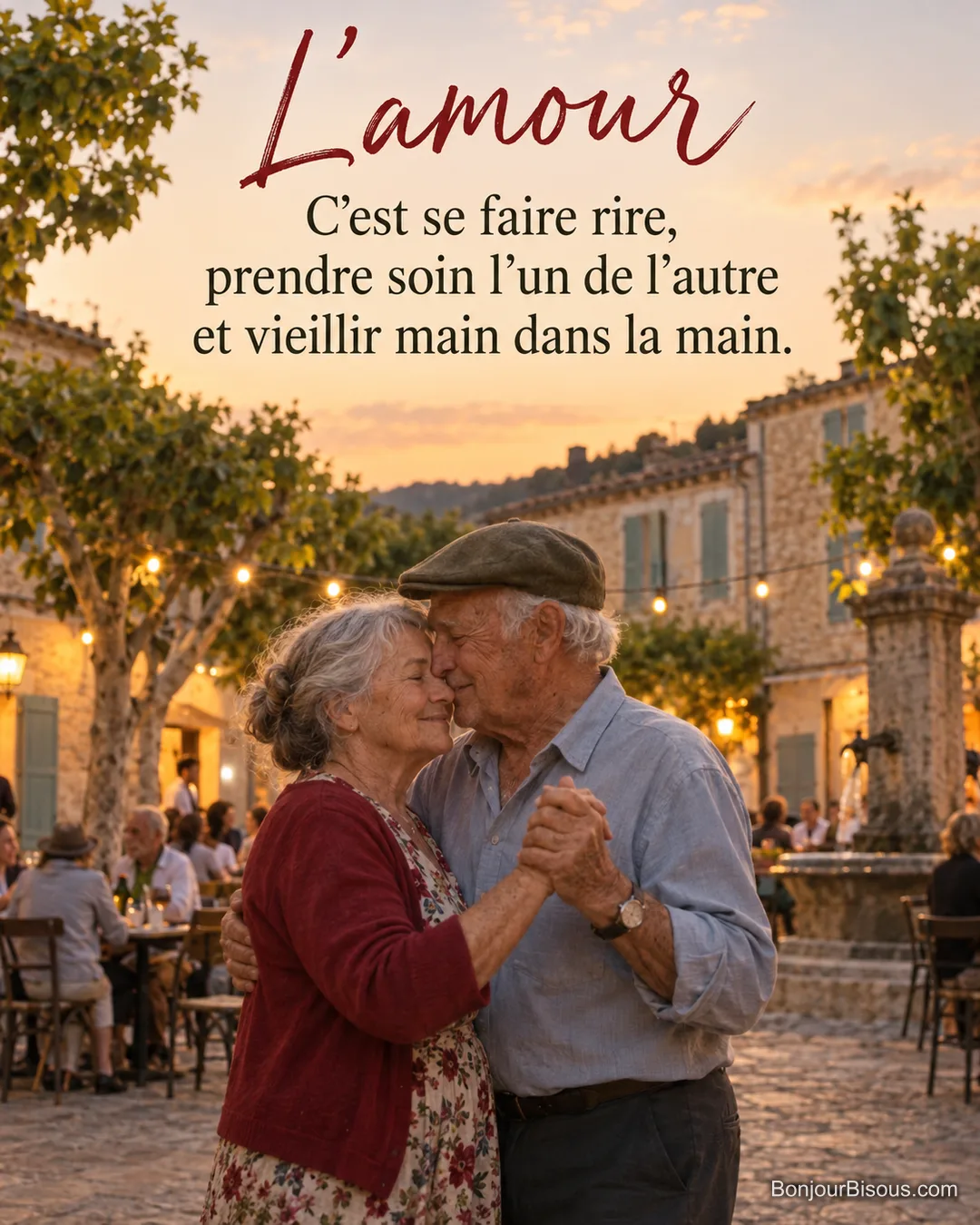 Photo d’un couple âgé qui danse lentement, yeux fermés, sur une place de village sous des platanes et une guirlande lumineuse, avec le texte « L’amour – C’est se faire rire, prendre soin l’un de l’autre et vieillir main dans la main. »