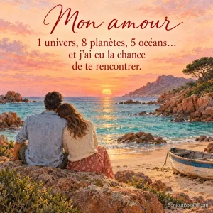 Peinture d’un couple vu de dos assis sur un rocher rouge face à une crique turquoise au coucher du soleil, une barque sur le sable, avec le texte « Mon amour – 1 univers, 8 planètes, 5 océans… et j’ai eu la chance de te rencontrer. »