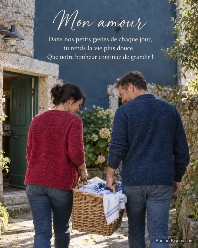 Un couple porte ensemble un panier de linge dans une cour bretonne, avec le texte « Mon amour Dans nos petits gestes de chaque jour, tu rends la vie plus douce. Que notre bonheur continue de grandir ! ».