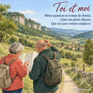 Un couple cherche son chemin sur une carte dépliée près d’un village du Jura, avec le texte « Toi et moi Même quand on se trompe de chemin, j’aime nos petits détours. Que nos jours restent complices ! ».