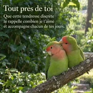 Deux inséparables au plumage vert et pêche rapprochent leurs têtes sur une branche, avec le texte « Tout près de toi Que cette tendresse discrète te rappelle combien je t’aime et accompagne chacun de tes jours. ».