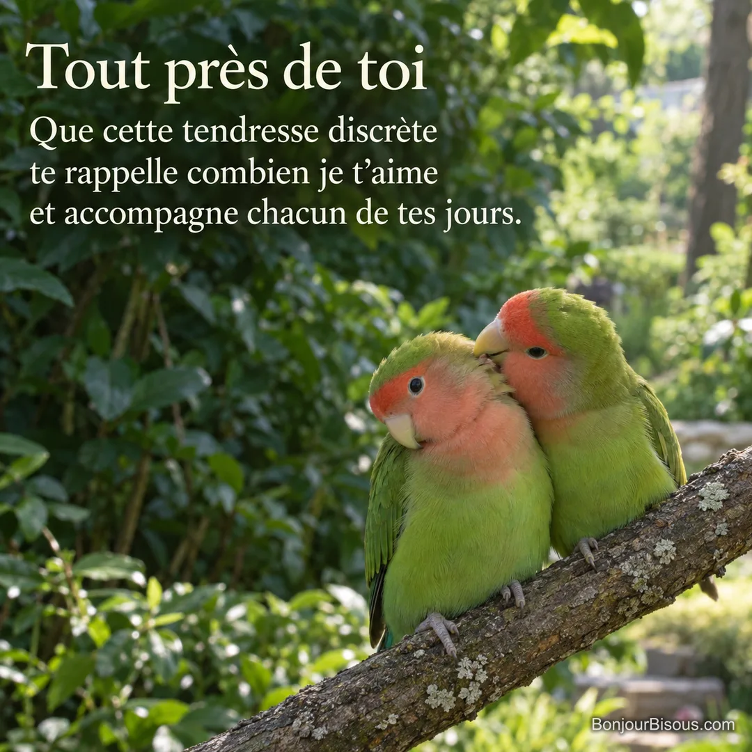 Deux inséparables au plumage vert et pêche rapprochent leurs têtes sur une branche, avec le texte « Tout près de toi Que cette tendresse discrète te rappelle combien je t’aime et accompagne chacun de tes jours. ».
