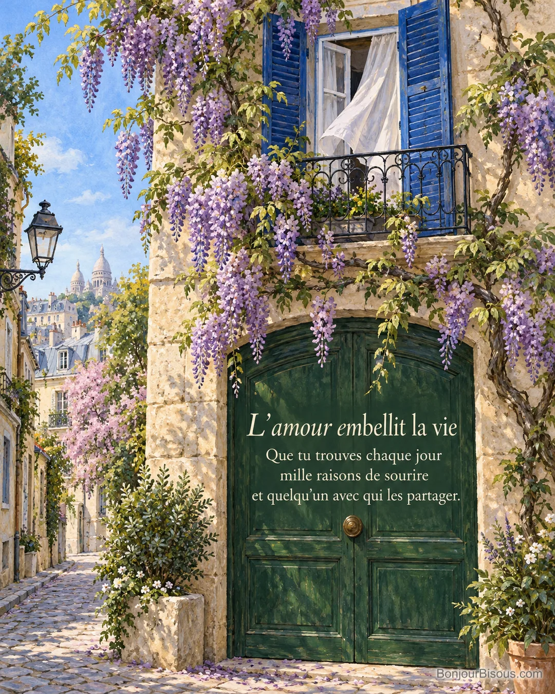Une glycine mauve ondule autour d’un balcon de fer forgé dans une ruelle parisienne, avec le texte « L’amour embellit la vie Que tu trouves chaque jour mille raisons de sourire et quelqu’un avec qui les partager. ».