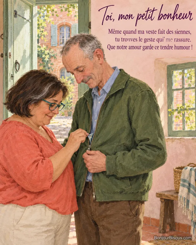 Dans une entrée toulousaine, une femme libère la doublure coincée dans la fermeture de la veste de son compagnon, avec le texte « Toi, mon petit bonheur Même quand ma veste fait des siennes, tu trouves le geste qui me rassure. Que notre amour garde ce tendre humour ! ».