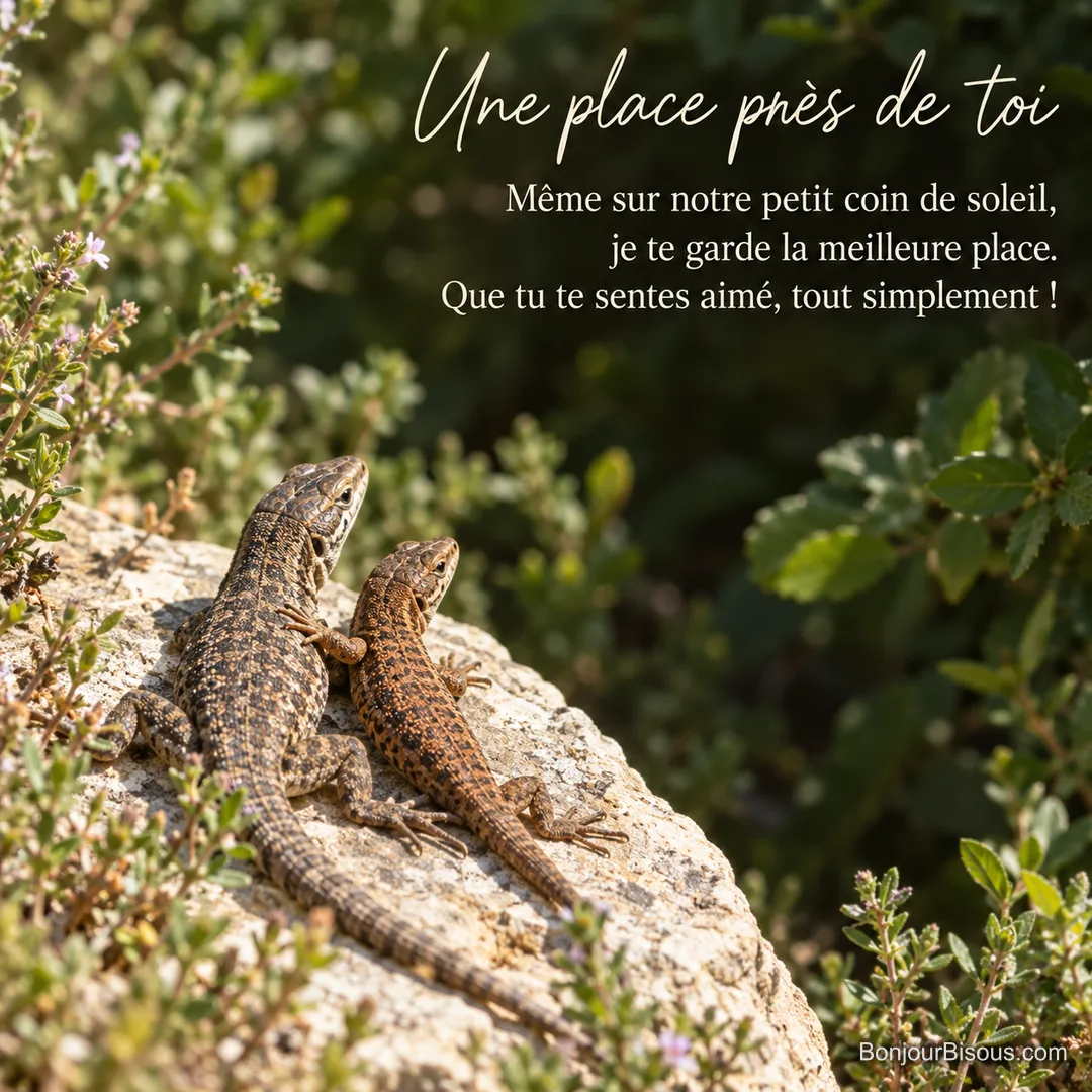 Deux lézards des murailles se serrent sur une pierre ensoleillée dans un jardin de garrigue, avec le texte « Une place près de toi Même sur notre petit coin de soleil, je te garde la meilleure place. Que tu te sentes aimé, tout simplement ! ».