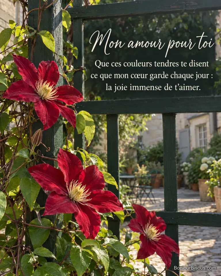 Une clématite rouge carmin fleurit sur un treillage vert dans une cour angevine animée par la brise, avec le texte « Mon amour pour toi Que ces couleurs tendres te disent ce que mon cœur garde chaque jour : la joie immense de t’aimer. ».