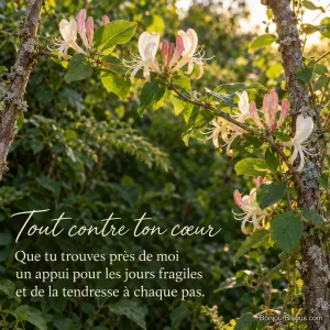 Une liane de chèvrefeuille blanc et rose relie deux branches d’une haie bretonne dans la lumière du soir, avec le texte « Tout contre ton cœur Que tu trouves près de moi un appui pour les jours fragiles et de la tendresse à chaque pas. ».