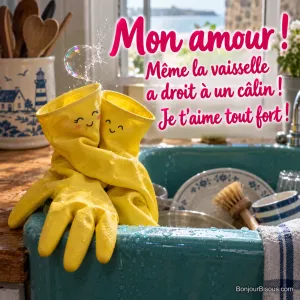 Deux gants de vaisselle souriants s’enlacent au bord d’un évier turquoise, avec le texte « Mon amour ! Même la vaisselle a droit à un câlin ! Je t’aime tout fort ! ».