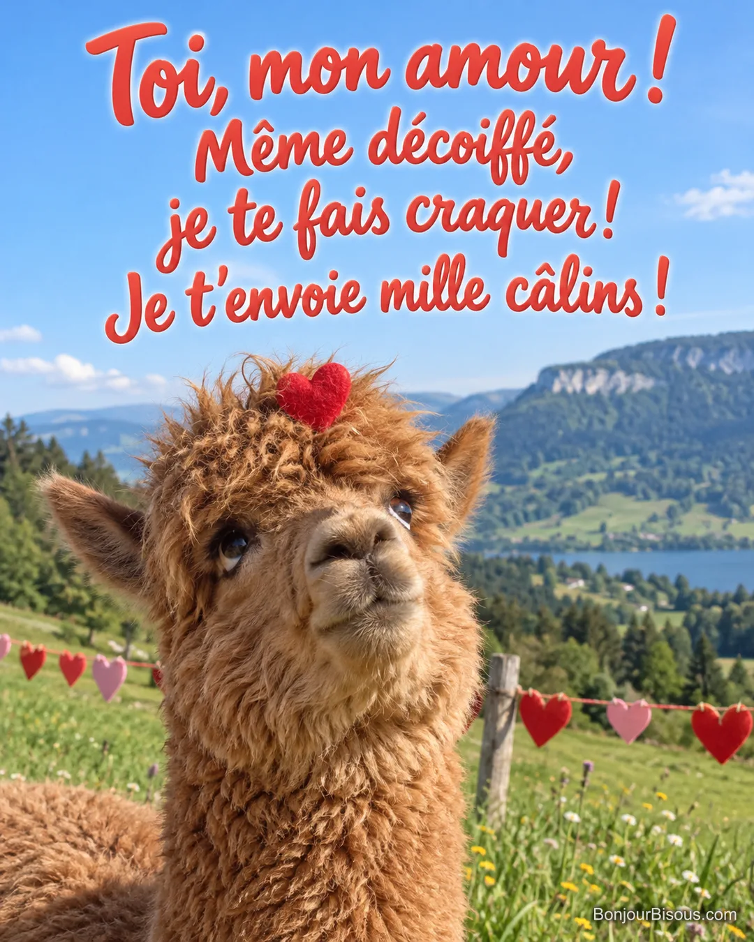 Un alpaga à la houppette ébouriffée porte un petit cœur rouge accroché dans ses poils, avec le texte « Toi, mon amour ! Même décoiffé, je te fais craquer ! Je t’envoie mille câlins ! ».