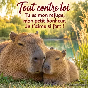Deux capybaras blottissent leurs joues sur une berge ensoleillée, avec le texte « Tout contre toi Tu es mon refuge, mon petit bonheur. Je t’aime si fort ! ».