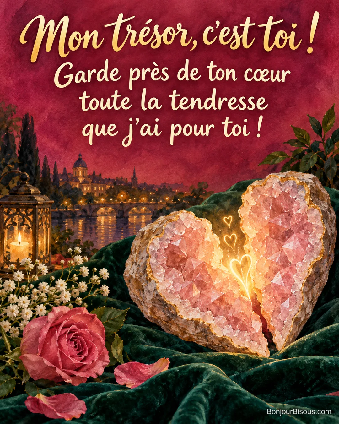 Une géode de quartz rose en forme de cœur rayonne sur un velours vert émeraude, avec le texte « Mon trésor, c’est toi ! Garde près de ton cœur toute la tendresse que j’ai pour toi ! ».
