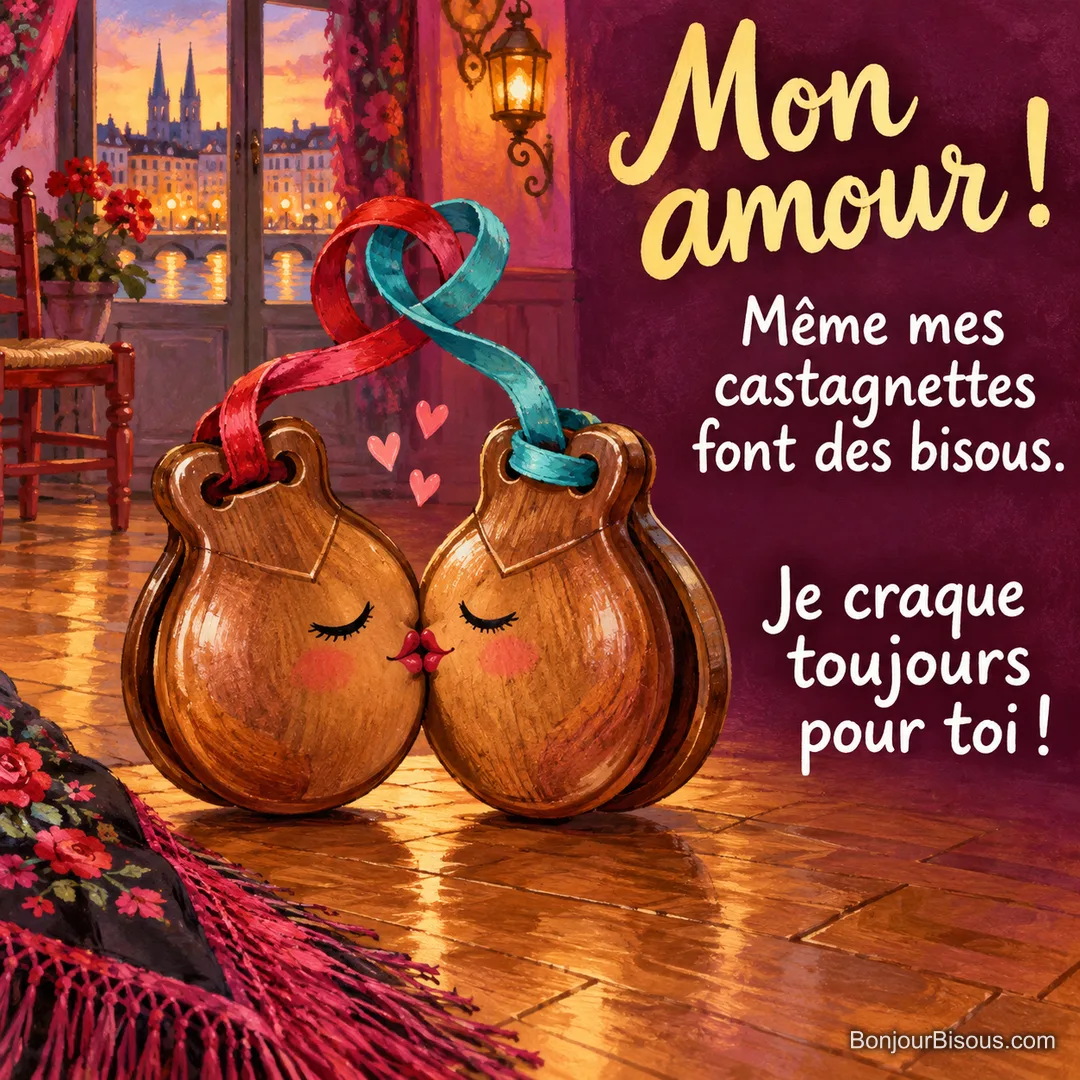 Deux castagnettes se donnent un bisou dans un salon de danse bayonnais, avec le message « Mon amour ! Même mes castagnettes font des bisous. Je craque toujours pour toi ! ». Deux castagnettes se donnent un bisou dans un salon de danse bayonnais, avec le message « Mon amour ! Même mes castagnettes font des bisous. Je craque toujours pour toi ! ».