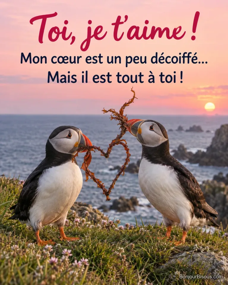 Deux macareux jouent avec une algue en forme de cœur au bord de la mer bretonne, avec le message « Toi, je t’aime ! Mon cœur est un peu décoiffé… Mais il est tout à toi ! ».