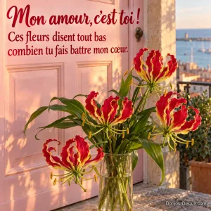 Un bouquet de gloriosas rouges et jaunes est offert dans un vase transparent, avec le message « Mon amour, c’est toi ! Ces fleurs disent tout bas combien tu fais battre mon cœur. ».