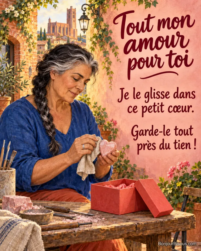 Une sculptrice polit un petit cœur en stéatite rose pour l’offrir en cadeau, avec le message « Tout mon amour pour toi Je le glisse dans ce petit cœur. Garde-le tout près du tien ! ».