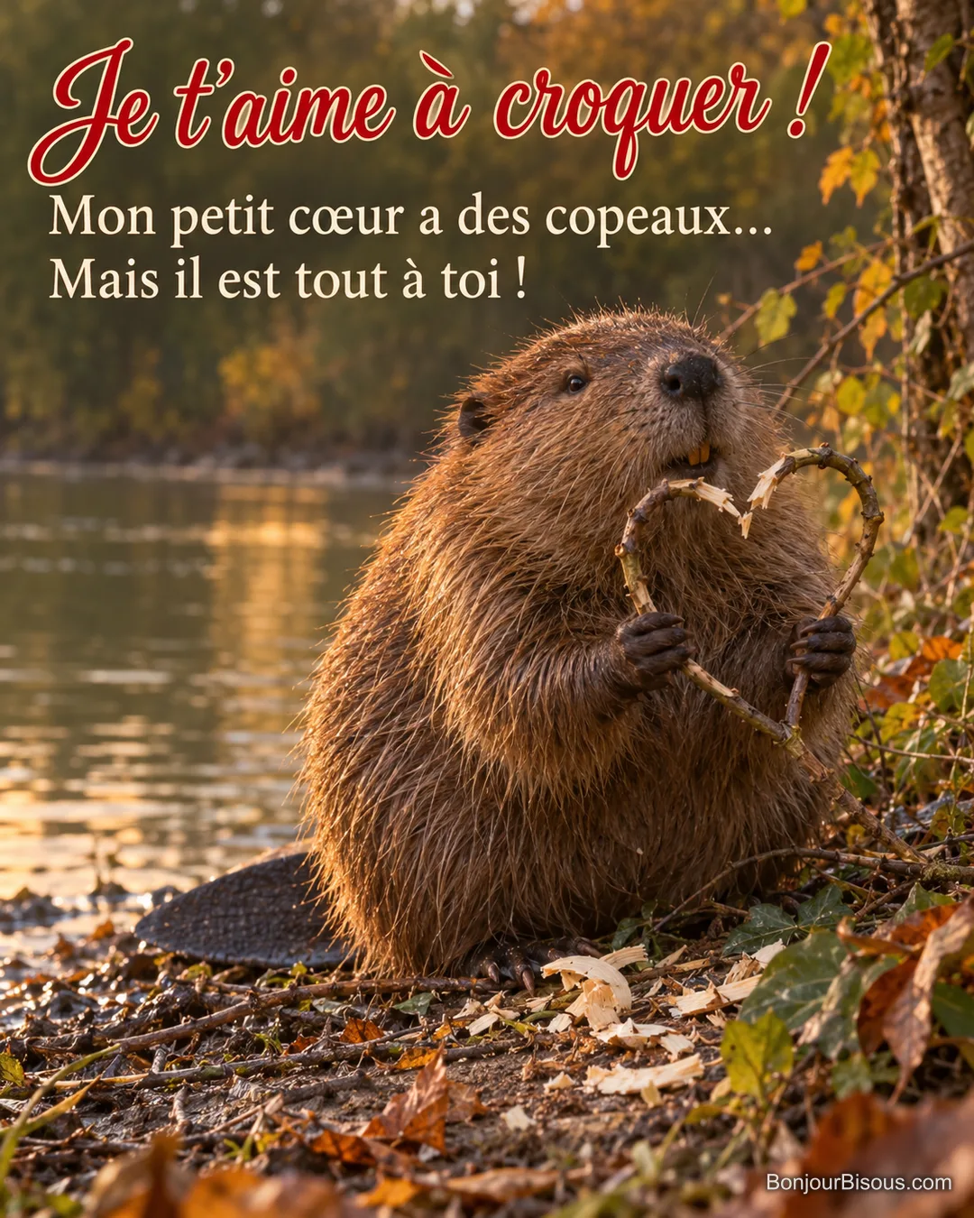 Un castor tient une brindille courbée en cœur près de quelques copeaux sur une berge de Loire, avec le texte « Je t’aime à croquer ! Mon petit cœur a des copeaux… Mais il est tout à toi ! ».