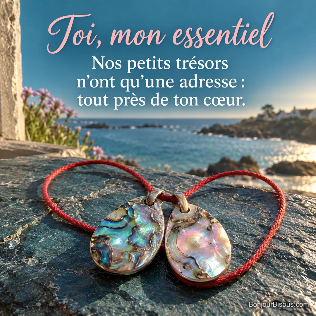 Deux pendentifs en coquille d’ormeau sont réunis par un cordon rouge en cœur devant la mer bretonne, avec le texte « Toi, mon essentiel Nos petits trésors n’ont qu’une adresse : tout près de ton cœur. ».