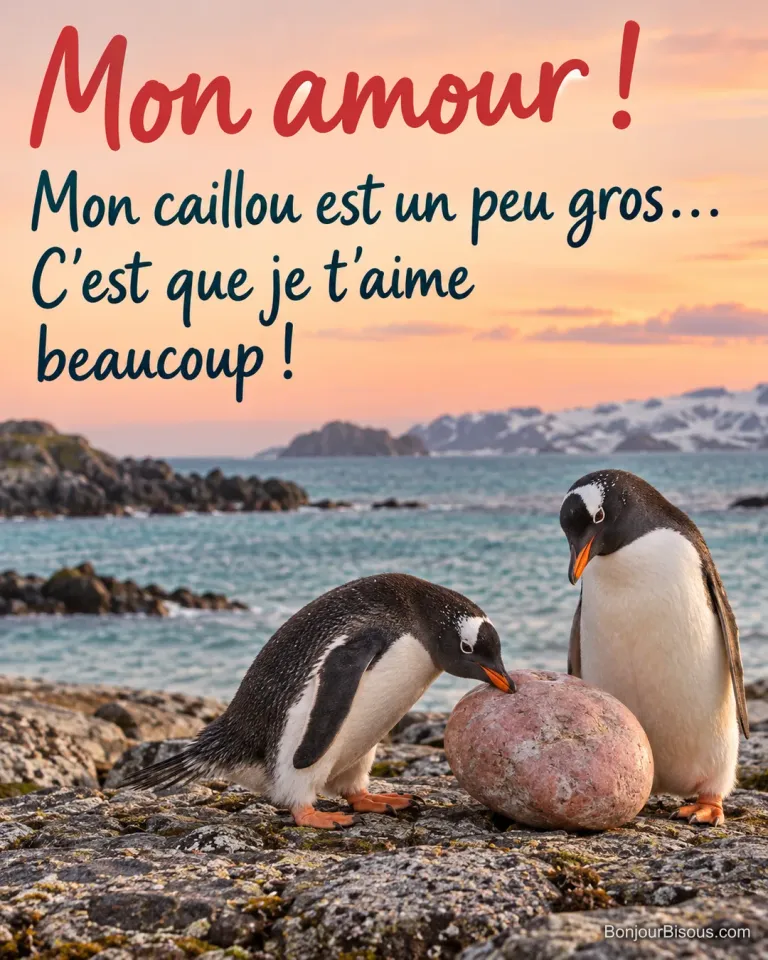 Un manchot papou pousse un galet rose démesuré pour l’offrir à sa compagne qui l’attend sur les rochers. Le message est : « Mon amour ! Mon caillou est un peu gros… C’est que je t’aime beaucoup ! ».