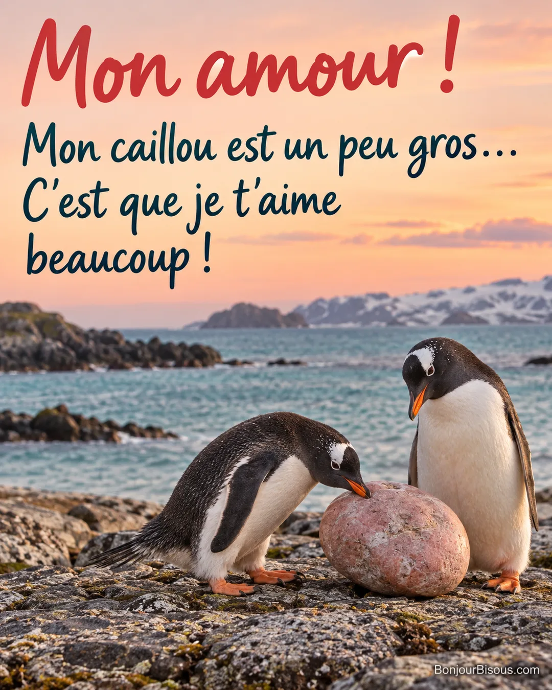 Un manchot papou pousse un galet rose démesuré pour l’offrir à sa compagne qui l’attend sur les rochers. Le message est : « Mon amour ! Mon caillou est un peu gros… C’est que je t’aime beaucoup ! ».