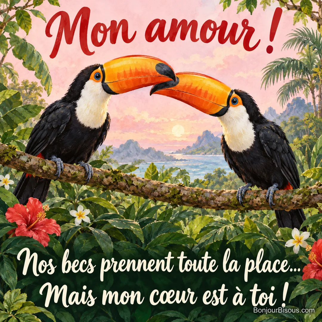 Deux toucans amoureux essaient de se donner un bisou, mais leurs grands becs orange se rencontrent avant leurs petites têtes. Le message est : « Mon amour ! Nos becs prennent toute la place… Mais mon cœur est à toi ! ».