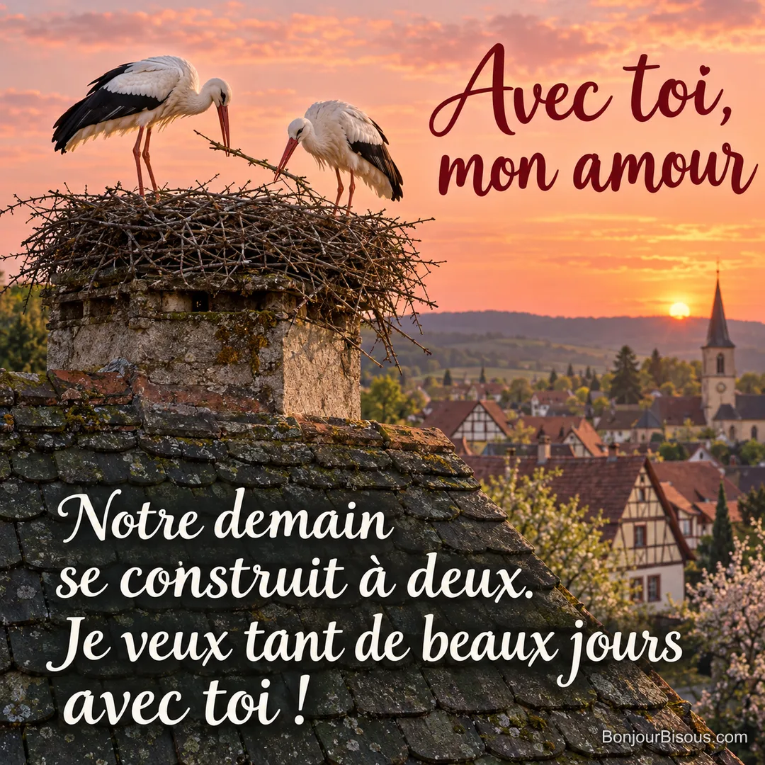 Deux cigognes déposent ensemble une brindille dans leur nid au-dessus des toits d’un village alsacien. Le message est : « Avec toi, mon amour Notre demain se construit à deux. Je veux tant de beaux jours avec toi ! ».