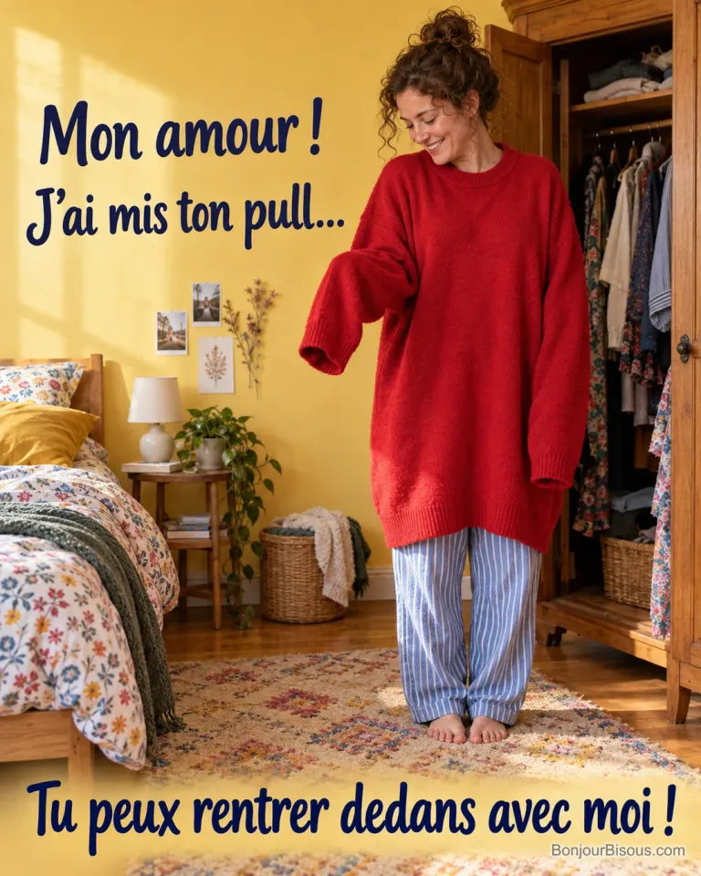 Une jeune femme rit dans le pull rouge de son compagnon, dont les manches dépassent largement ses mains. Le message est : « Mon amour ! J’ai mis ton pull… Tu peux rentrer dedans avec moi ! ».