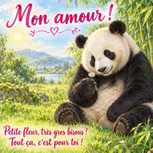 Un grand panda offre délicatement une minuscule pâquerette blanche dans sa grosse patte. Le message est : « Mon amour ! Petite fleur, très gros bisous ! Tout ça, c’est pour toi ! ».
