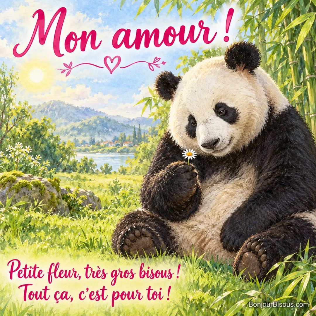 Un grand panda offre délicatement une minuscule pâquerette blanche dans sa grosse patte. Le message est : « Mon amour ! Petite fleur, très gros bisous ! Tout ça, c’est pour toi ! ». Un grand panda offre délicatement une minuscule pâquerette blanche dans sa grosse patte. Le message est : « Mon amour ! Petite fleur, très gros bisous ! Tout ça, c’est pour toi ! ».
