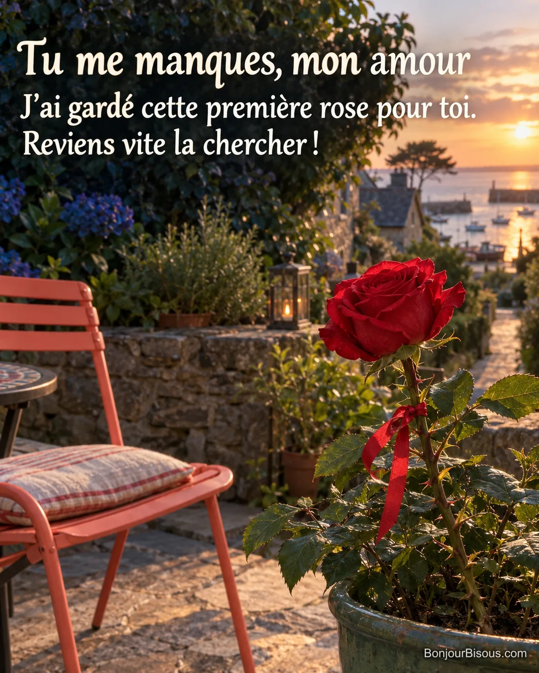 La première rose rouge d’un rosier est réservée à une personne aimée près d’une chaise vide. Le message est : « Tu me manques, mon amour J’ai gardé cette première rose pour toi. Reviens vite la chercher ! ». La première rose rouge d’un rosier est réservée à une personne aimée près d’une chaise vide. Le message est : « Tu me manques, mon amour J’ai gardé cette première rose pour toi. Reviens vite la chercher ! ».