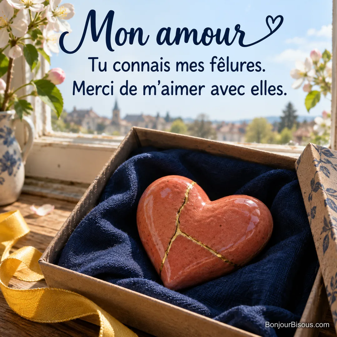Un cœur de céramique corail réparé de fines jointures dorées est offert dans un écrin bleu. Le message est : « Mon amour Tu connais mes fêlures. Merci de m’aimer avec elles. ». Un cœur de céramique corail réparé de fines jointures dorées est offert dans un écrin bleu. Le message est : « Mon amour Tu connais mes fêlures. Merci de m’aimer avec elles. ».