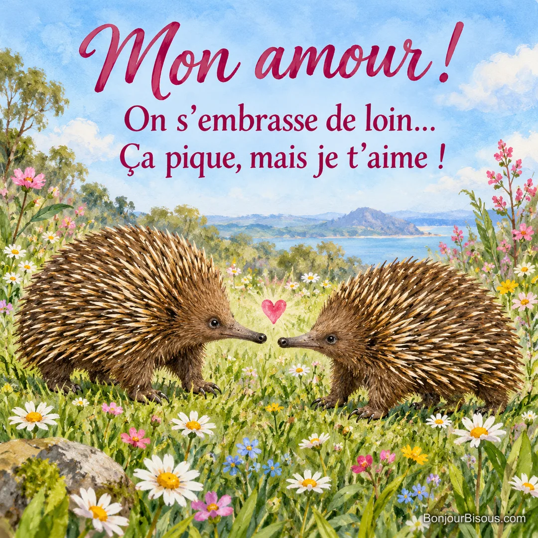 Deux échidnés amoureux essaient de rapprocher leurs museaux en gardant leurs piquants à distance. Le message est : « Mon amour ! On s’embrasse de loin… Ça pique, mais je t’aime ! ».