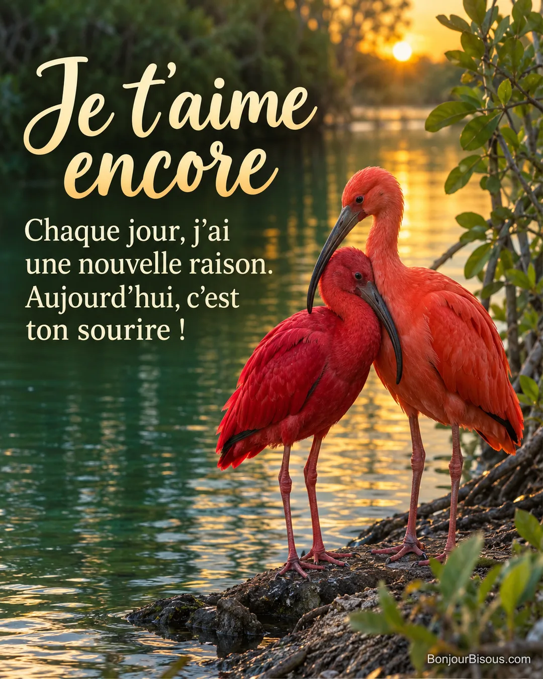 Deux ibis écarlates se rapprochent tendrement sur une berge illuminée par le soleil du soir. Le message est : « Je t’aime encore Chaque jour, j’ai une nouvelle raison. Aujourd’hui, c’est ton sourire ! ».