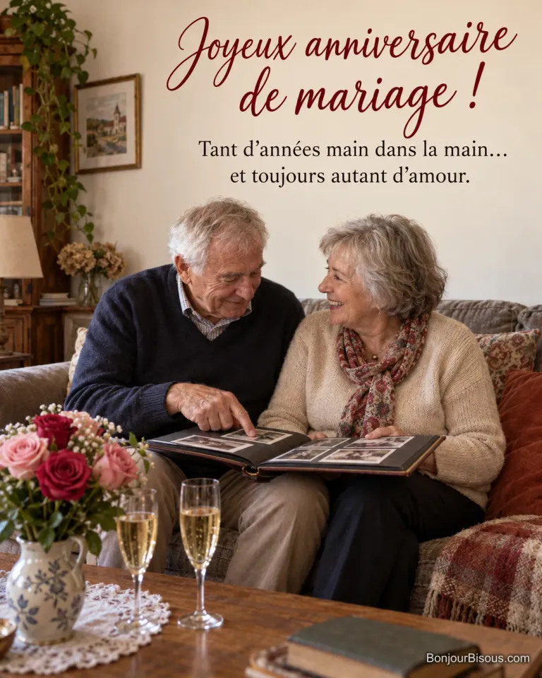 Photo d’un couple âgé sur un canapé qui regarde un vieil album photo en souriant, avec deux coupes de champagne et un bouquet de roses, avec le texte « Joyeux anniversaire de mariage ! Tant d’années main dans la main… et toujours autant d’amour. »