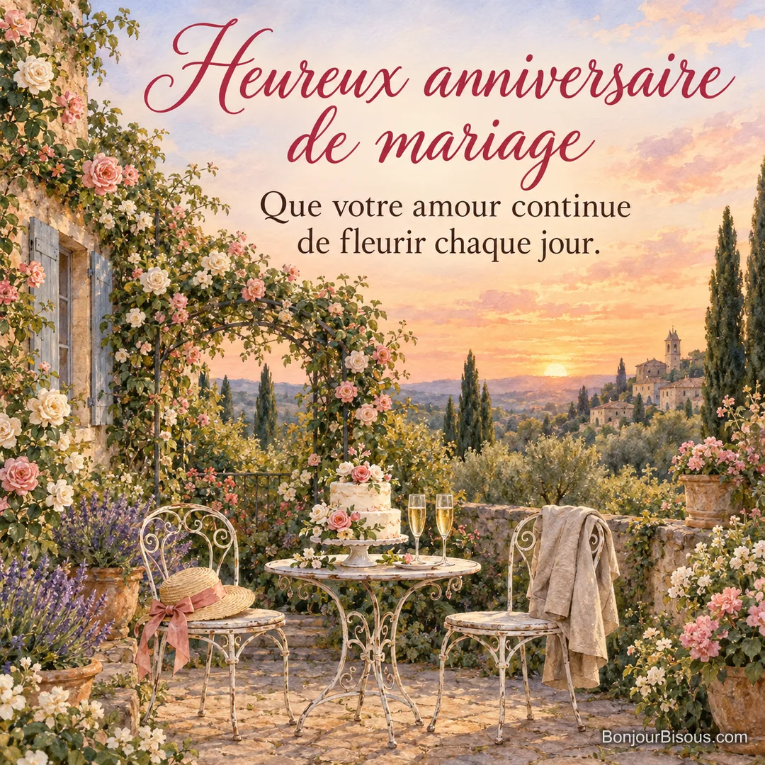 Peinture d’une terrasse fleurie avec deux chaises en fer, un gâteau décoré de roses et deux coupes de champagne sous une arche de roses au coucher du soleil, avec le texte « Heureux anniversaire de mariage – Que votre amour continue de fleurir chaque jour. » Peinture d’une terrasse fleurie avec deux chaises en fer, un gâteau décoré de roses et deux coupes de champagne sous une arche de roses au coucher du soleil, avec le texte « Heureux anniversaire de mariage – Que votre amour continue de fleurir chaque jour. »