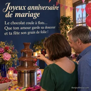 Un couple profite d’une fontaine à chocolat entourée de fanions et de ballons colorés, avec le texte « Joyeux anniversaire de mariage Le chocolat coule à flots… Que ton amour garde sa douceur et ta fête son grain de folie ! »
