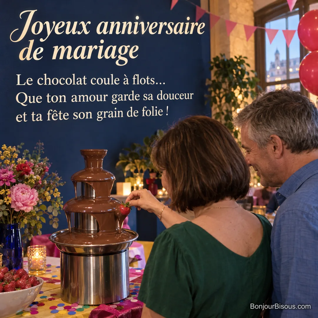 Un couple profite d’une fontaine à chocolat entourée de fanions et de ballons colorés, avec le texte « Joyeux anniversaire de mariage Le chocolat coule à flots… Que ton amour garde sa douceur et ta fête son grain de folie ! » Un couple profite d’une fontaine à chocolat entourée de fanions et de ballons colorés, avec le texte « Joyeux anniversaire de mariage Le chocolat coule à flots… Que ton amour garde sa douceur et ta fête son grain de folie ! »