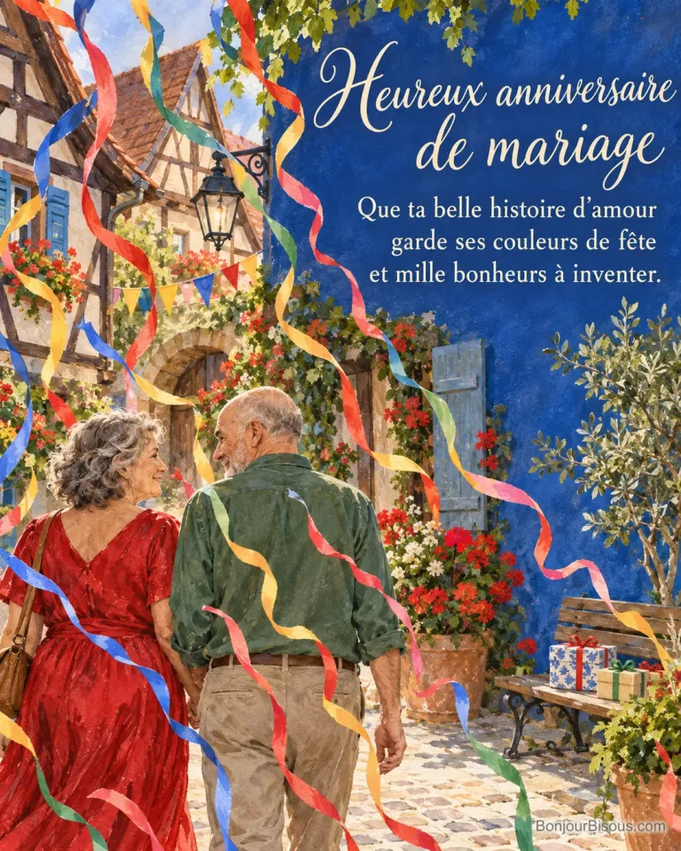 Un couple traverse une cour alsacienne en fête sous des serpentins multicolores, avec le texte « Heureux anniversaire de mariage Que ta belle histoire d’amour garde ses couleurs de fête et mille bonheurs à inventer. »