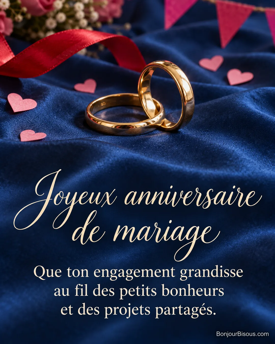 Deux alliances d’or reposent sur du satin bleu parmi des confettis roses de fête, avec le texte « Joyeux anniversaire de mariage Que ton engagement grandisse au fil des petits bonheurs et des projets partagés. » Deux alliances d’or reposent sur du satin bleu parmi des confettis roses de fête, avec le texte « Joyeux anniversaire de mariage Que ton engagement grandisse au fil des petits bonheurs et des projets partagés. »