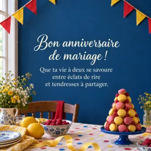 Une pièce montée de macarons framboise et citron égaye une fête décorée de fanions, avec le texte « Bon anniversaire de mariage ! Que ta vie à deux se savoure entre éclats de rire et tendresses à partager. »