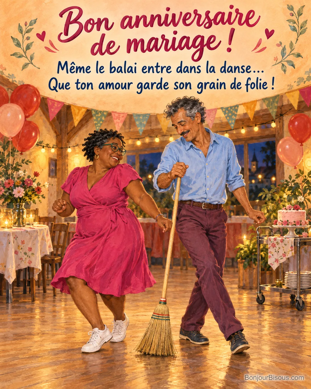 Un couple improvise une danse avec un balai dans une salle décorée pour son anniversaire de mariage, avec le texte « Bon anniversaire de mariage ! Même le balai entre dans la danse… Que ton amour garde son grain de folie ! ». Un couple improvise une danse avec un balai dans une salle décorée pour son anniversaire de mariage, avec le texte « Bon anniversaire de mariage ! Même le balai entre dans la danse… Que ton amour garde son grain de folie ! ».