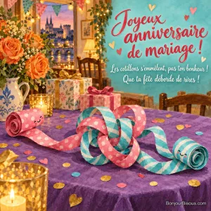 Deux cotillons joyeux se sont emmêlés au milieu de cadeaux et de roses de fête, avec le texte « Joyeux anniversaire de mariage ! Les cotillons s’emmêlent, pas ton bonheur ! Que ta fête déborde de rires ! ».