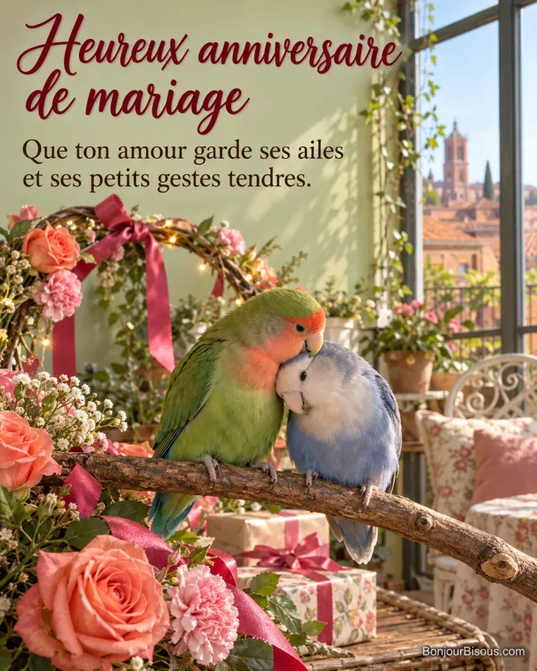 Deux inséparables aux plumages vert et bleu se toilettent tendrement devant des rubans et des fleurs de fête, avec le texte « Heureux anniversaire de mariage Que ton amour garde ses ailes et ses petits gestes tendres. ».
