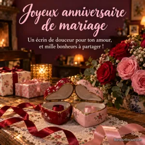 Deux écrins en porcelaine en forme de cœur se penchent l’un vers l’autre parmi des roses et des cadeaux, avec le texte « Joyeux anniversaire de mariage Un écrin de douceur pour ton amour, et mille bonheurs à partager ! ».