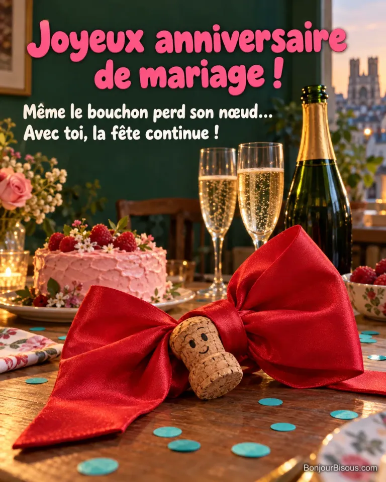 Un bouchon de champagne s’emmêle dans un grand nœud papillon rouge devant une table de fête, avec le texte « Joyeux anniversaire de mariage ! Même le bouchon perd son nœud… Avec toi, la fête continue ! ».