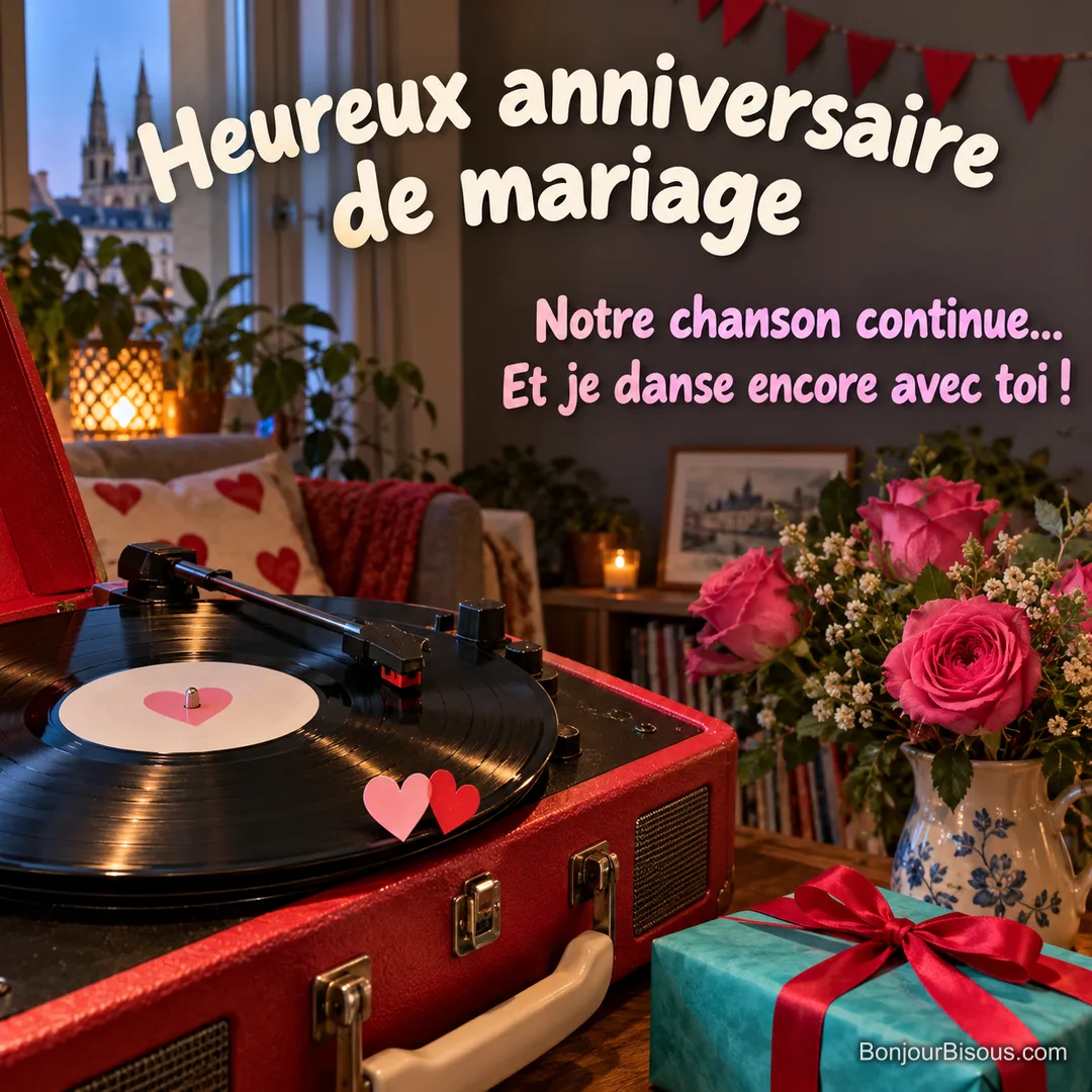 Un disque vinyle tourne sur un électrophone rouge, entouré de cœurs et de décorations d’anniversaire de mariage, avec le texte « Heureux anniversaire de mariage Notre chanson continue… Et je danse encore avec toi ! ». Un disque vinyle tourne sur un électrophone rouge, entouré de cœurs et de décorations d’anniversaire de mariage, avec le texte « Heureux anniversaire de mariage Notre chanson continue… Et je danse encore avec toi ! ».