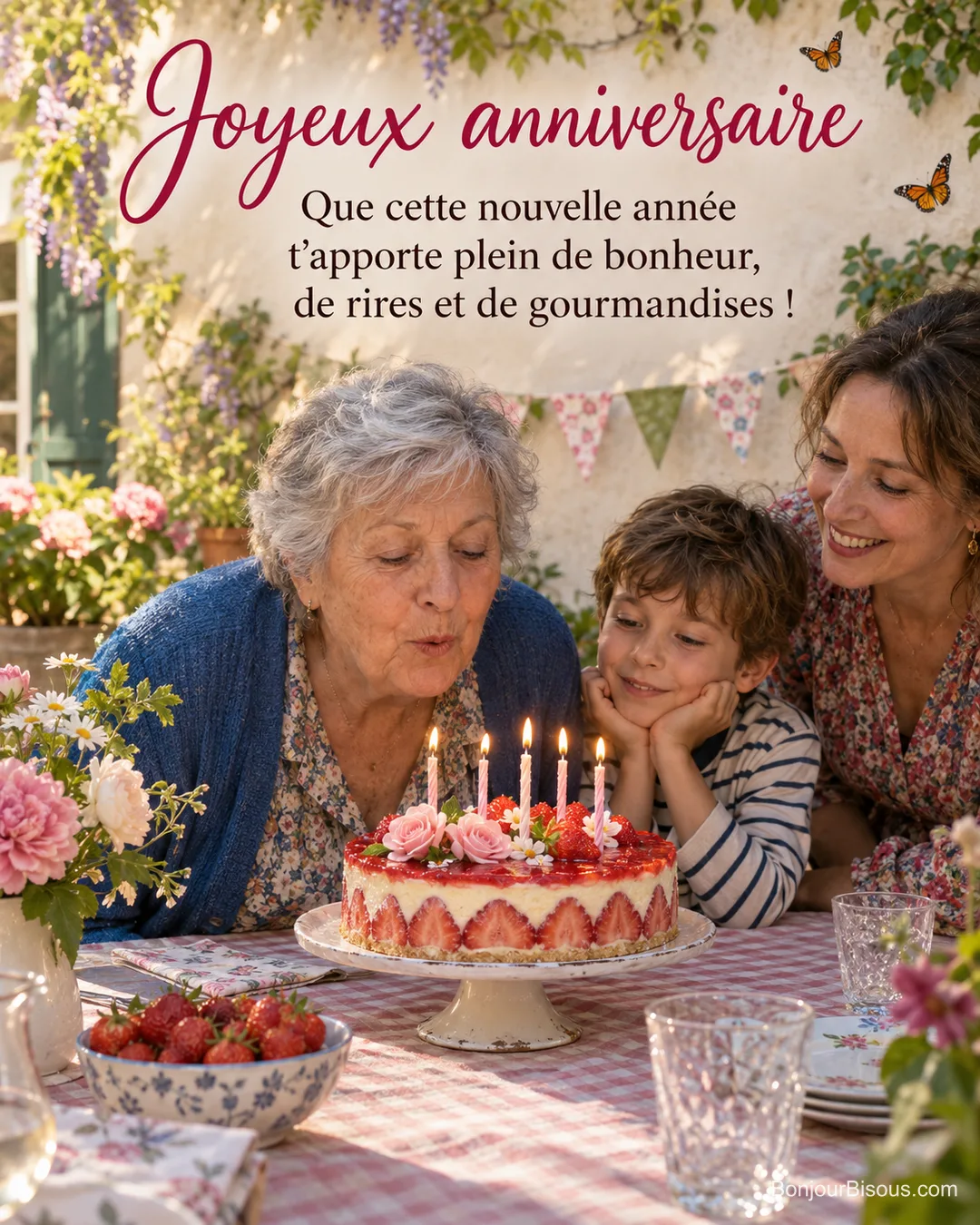 Photo d’une grand-mère qui souffle les bougies d’un fraisier sur une table de jardin à nappe à carreaux, à côté d’un petit garçon et d’une femme qui regardent le gâteau, avec le texte « Joyeux anniversaire – Que cette nouvelle année t’apporte plein de bonheur, de rires et de gourmandises ! » Photo d’une grand-mère qui souffle les bougies d’un fraisier sur une table de jardin à nappe à carreaux, à côté d’un petit garçon et d’une femme qui regardent le gâteau, avec le texte « Joyeux anniversaire – Que cette nouvelle année t’apporte plein de bonheur, de rires et de gourmandises ! »