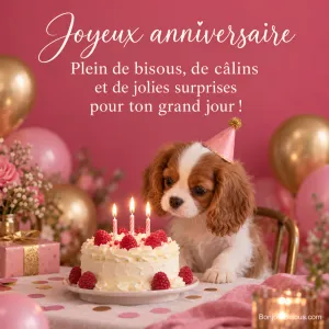 Photo d’un chiot cavalier King Charles coiffé d’un chapeau de fête rose devant un gâteau à la crème aux framboises avec trois bougies allumées, ballons roses et dorés autour, avec le texte « Joyeux anniversaire – Plein de bisous, de câlins et de jolies surprises pour ton grand jour ! »