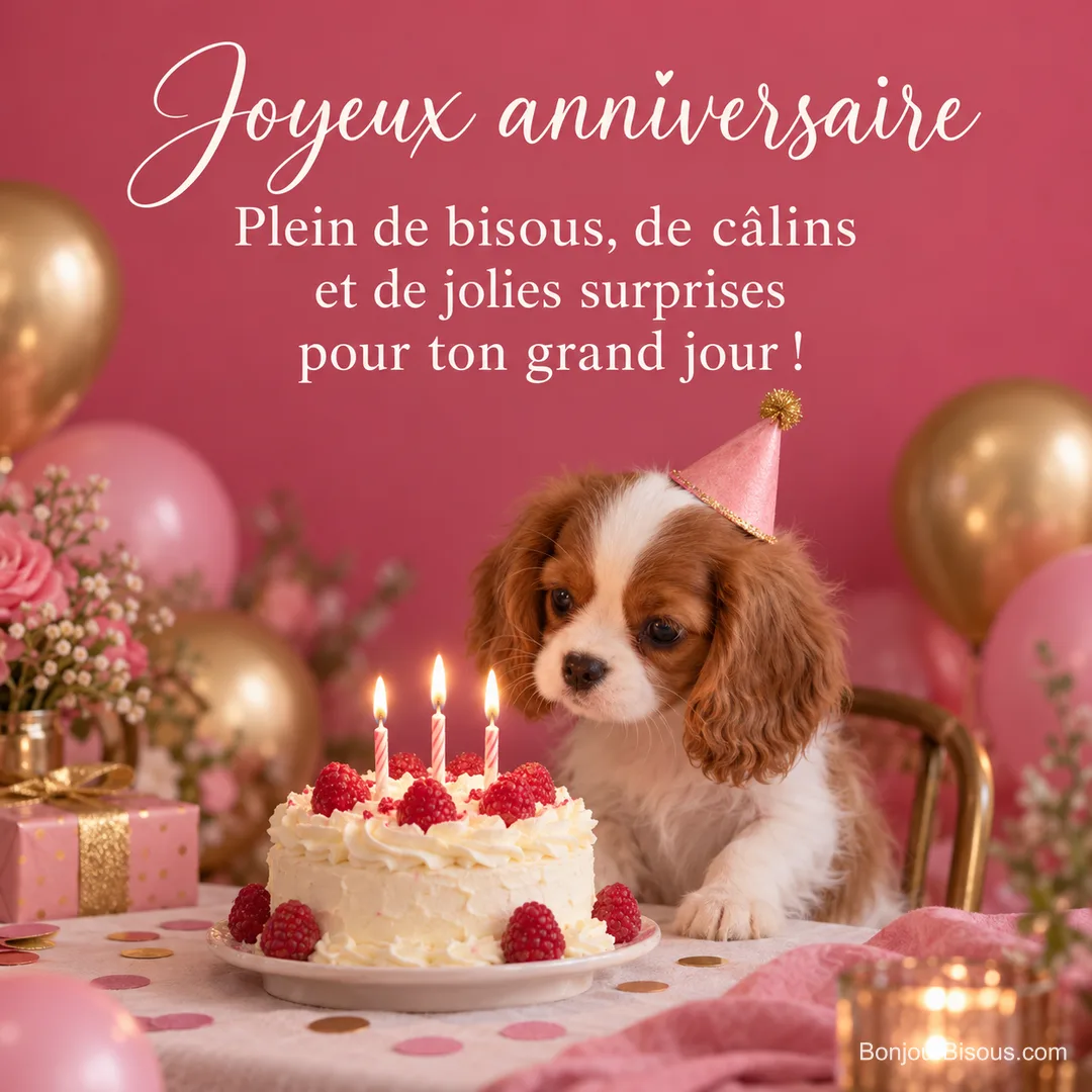 Photo d’un chiot cavalier King Charles coiffé d’un chapeau de fête rose devant un gâteau à la crème aux framboises avec trois bougies allumées, ballons roses et dorés autour, avec le texte « Joyeux anniversaire – Plein de bisous, de câlins et de jolies surprises pour ton grand jour ! » Photo d’un chiot cavalier King Charles coiffé d’un chapeau de fête rose devant un gâteau à la crème aux framboises avec trois bougies allumées, ballons roses et dorés autour, avec le texte « Joyeux anniversaire – Plein de bisous, de câlins et de jolies surprises pour ton grand jour ! »